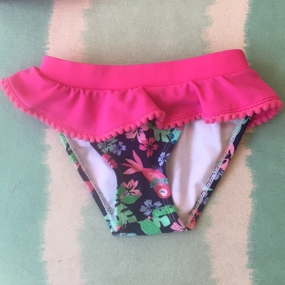 Viv & Lou Floral Ruffle Bikini Swimsuit Pom Pom Trim Small
